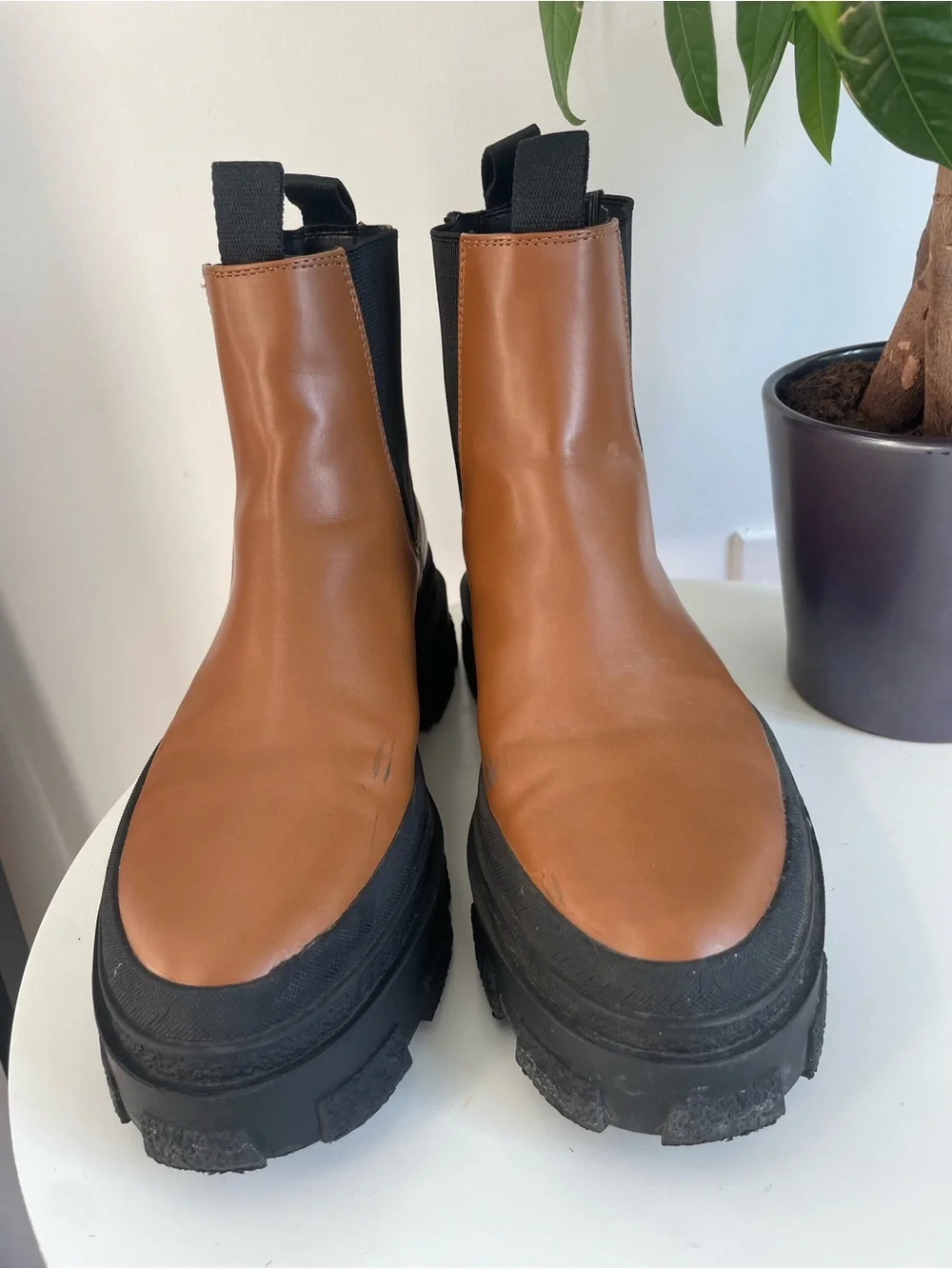 Women Size 8.5 ZARA Brown Faux Leather Ankle Chelsea Boots Platform Track Sole
